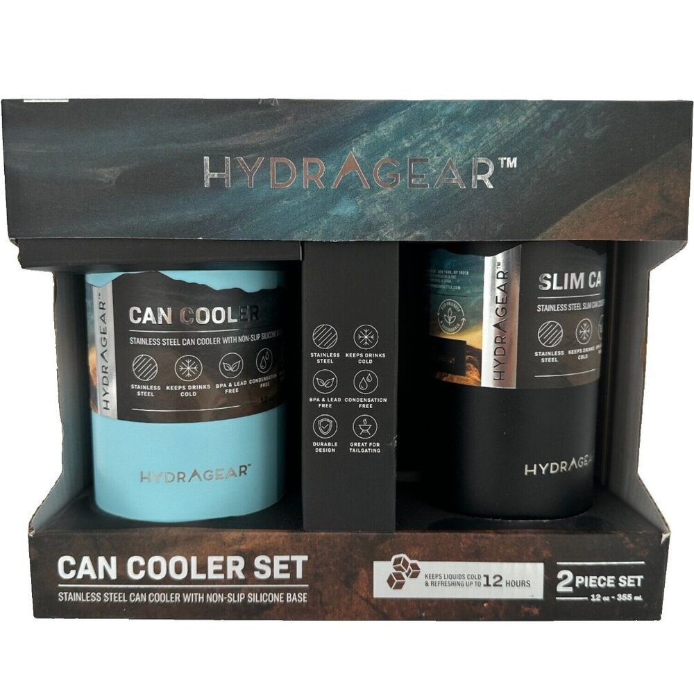 HydraGear Can Cooler Set 12 oz Stainless Steel Non-Slip Silicone Base SLIM & Reg